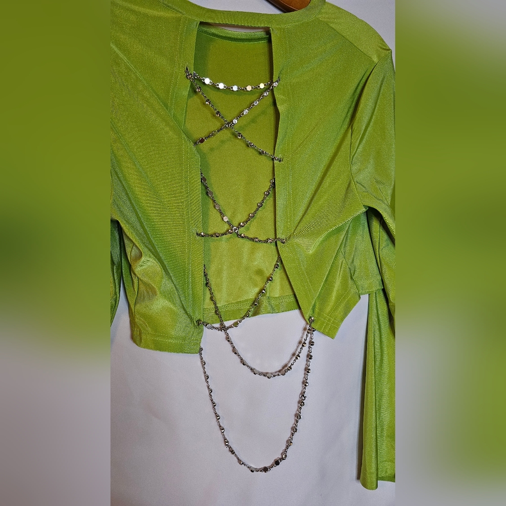 Green Rhinestone Backless Crop Top - Picture 4 of 6